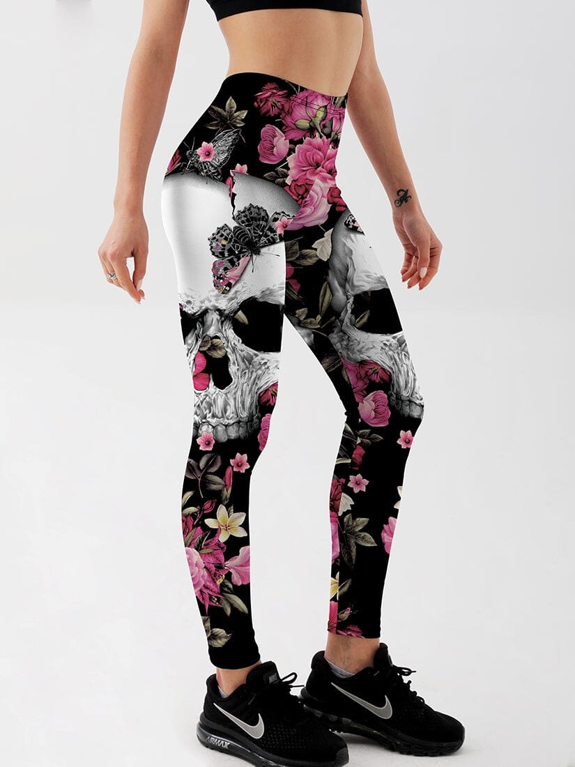 Legging Tête de Mort et Fleurs